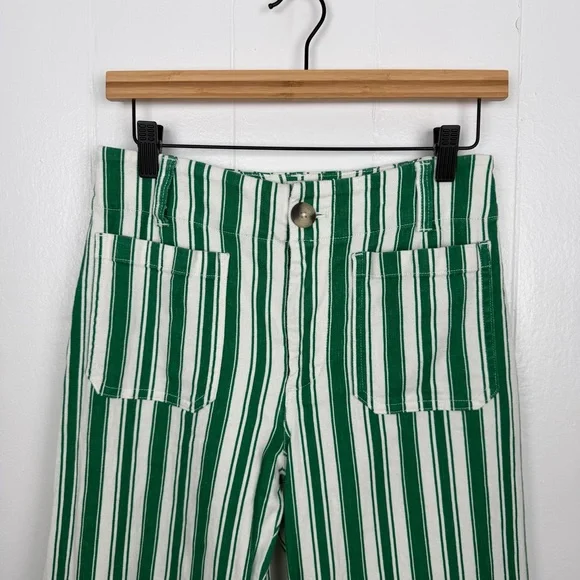 Maeve Anthro The Colette Full Length Pants Green White Stripe Linen Blend 26P - Picture 3 of 10